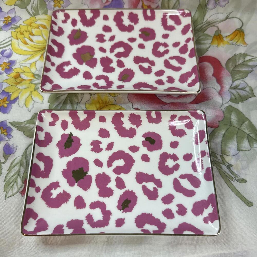 Pink Leopard Print Trinket Trays Set of‎ 2 Gold Trim Jewelry Dishes 4x6"